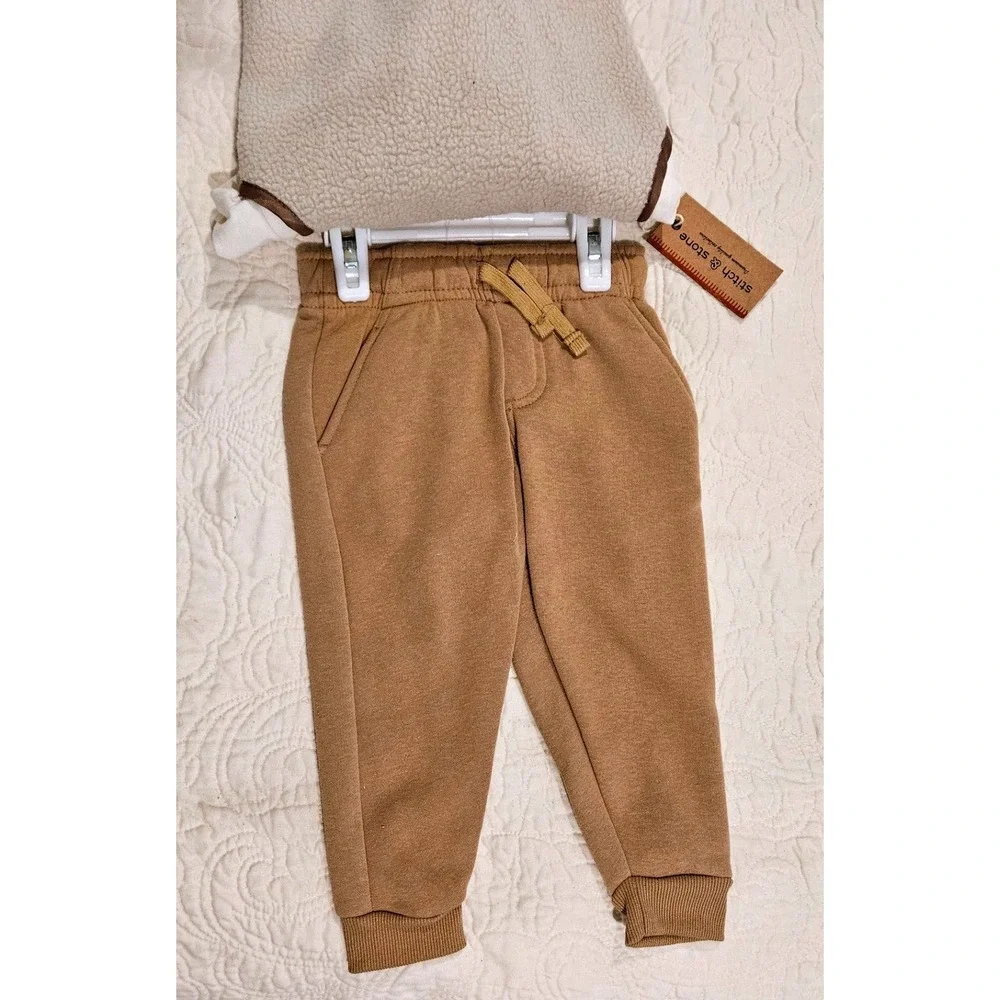 Toddler Boys 3pc Joggers Set Sherpa Vest Bear Graphic Tee Tan 2T